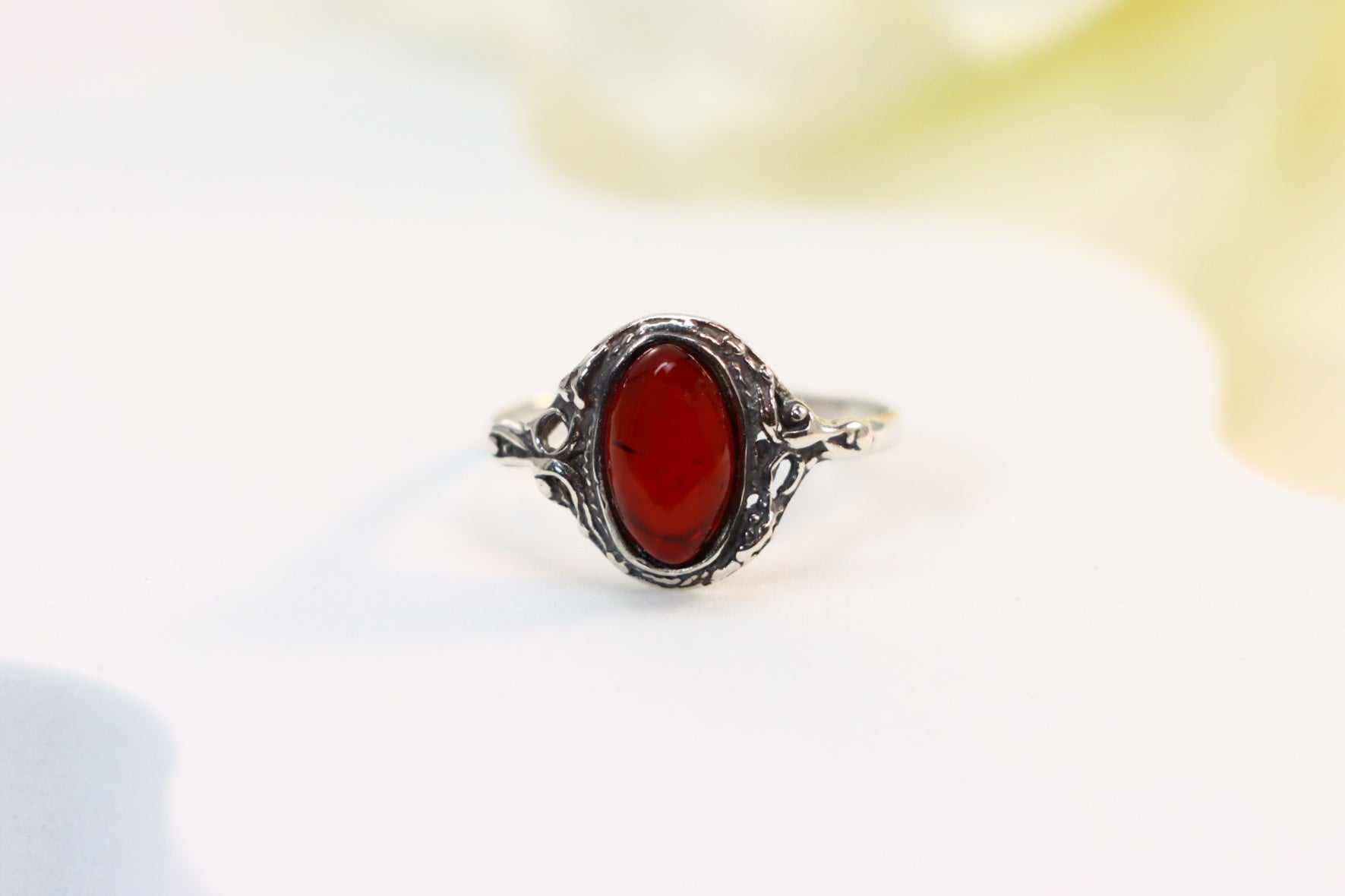 Natural Baltic Cherry Amber Victorian Style Ring in 925 Sterling Silver