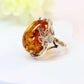 Genuine Baltic Cognac Amber Lotus Floral Ring in 925 Sterling Silver