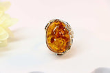 Genuine Baltic Cognac Amber Lotus Floral Ring in 925 Sterling Silver