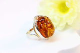 Genuine Baltic Cognac Amber Lotus Floral Ring in 925 Sterling Silver