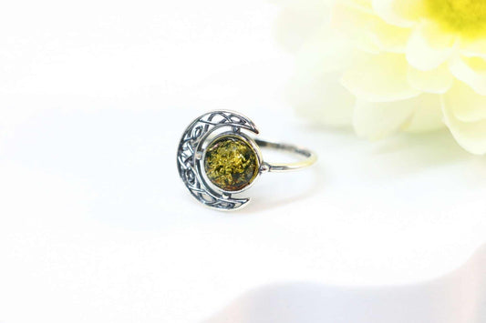 Genuine Baltic Green Amber Celtic Moon Ring in 925 Sterling Silver