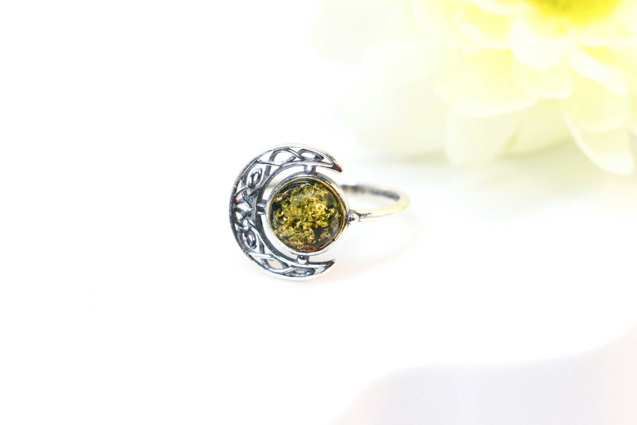 Genuine Baltic Green Amber Celtic Moon Ring in 925 Sterling Silver