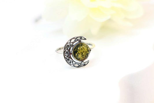 Genuine Baltic Green Amber Celtic Moon Ring in 925 Sterling Silver