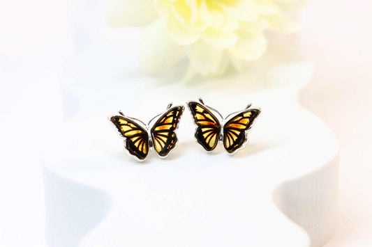 Genuine Baltic Amber Monarch Butterfly Stud Earrings in s925