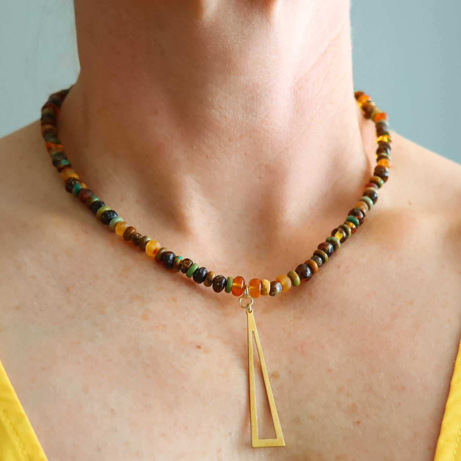 Raw Baltic amber and Hubei turquoise beaded necklace with gold brass pendant, handmade boho chic jewelry