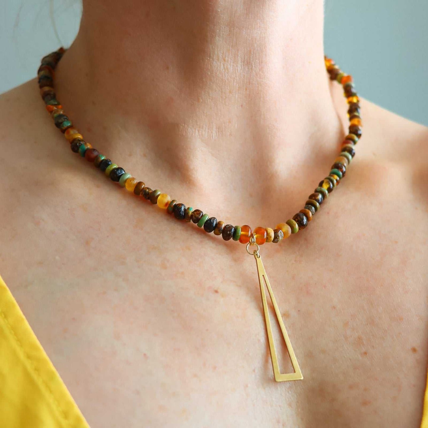 Handmade raw Baltic amber and Hubei turquoise beaded necklace with gold brass pendant, boho chic style