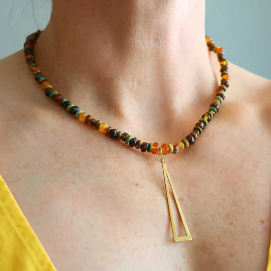 Handmade raw Baltic amber and Hubei turquoise beaded necklace with gold brass pendant, boho chic style