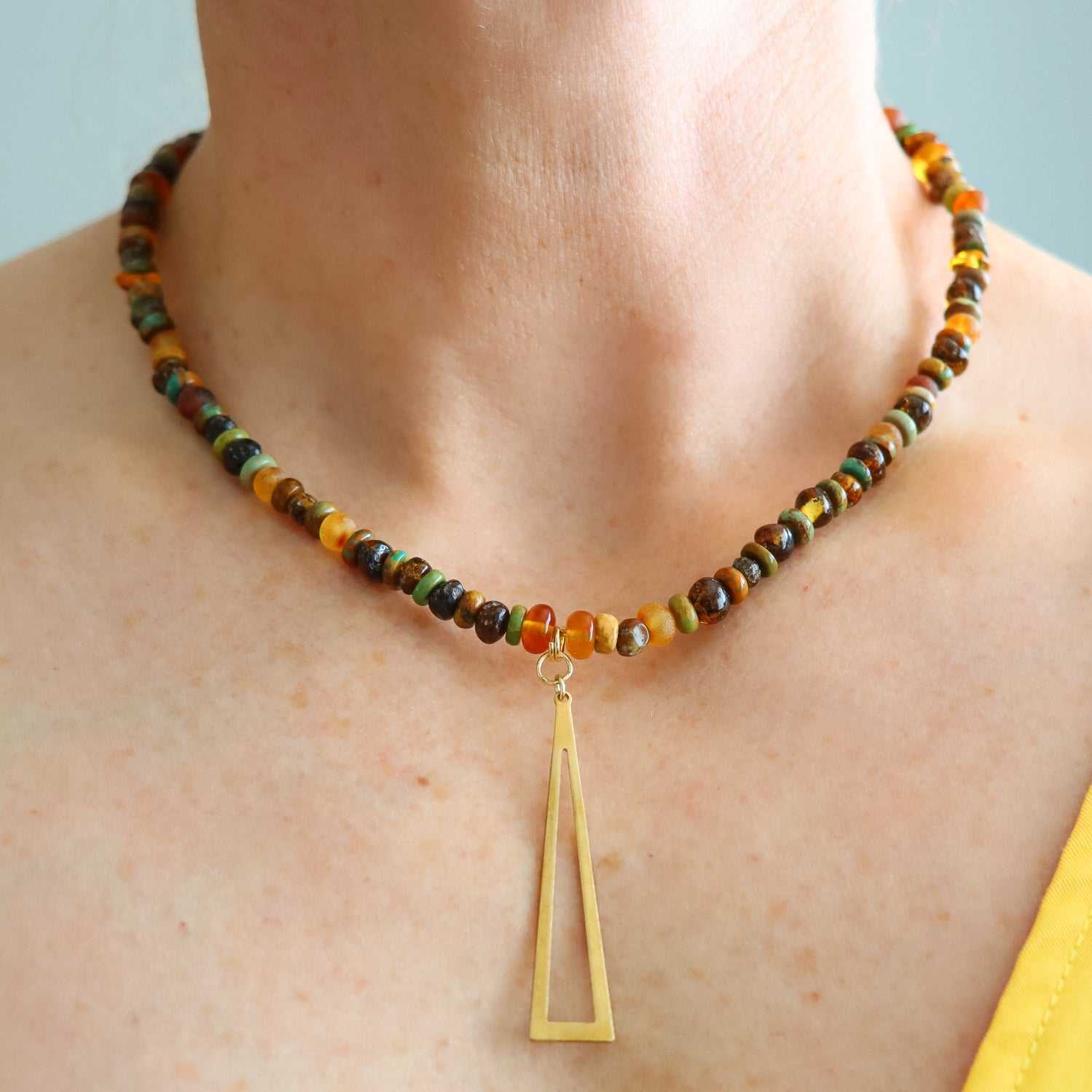Raw Baltic amber and Hubei turquoise beaded necklace with gold brass pendant, handmade boho chic jewelry.