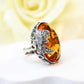 Natural Baltic Cognac Amber Grape Leaf Statement Ring in 925 Sterling Silver