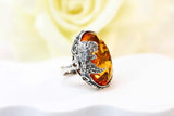 Natural Baltic Cognac Amber Grape Leaf Statement Ring in 925 Sterling Silver