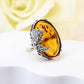 Natural Baltic Cognac Amber Grape Leaf Statement Ring in 925 Sterling Silver