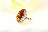 Natural Baltic Cognac Amber Grape Leaf Statement Ring in 925 Sterling Silver