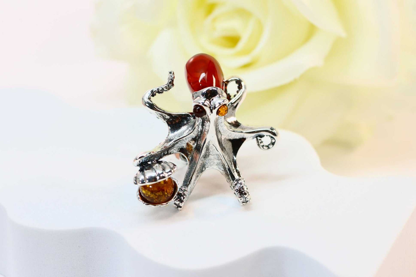 Natural Baltic Cherry Amber Octopus Adjustable Statement Ring in 925 Sterling Silver