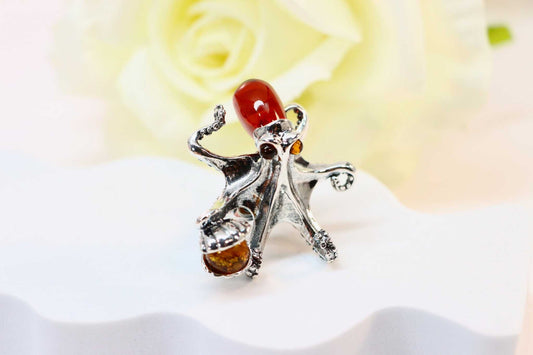 Natural Baltic Cherry Amber Octopus Adjustable Statement Ring in 925 Sterling Silver