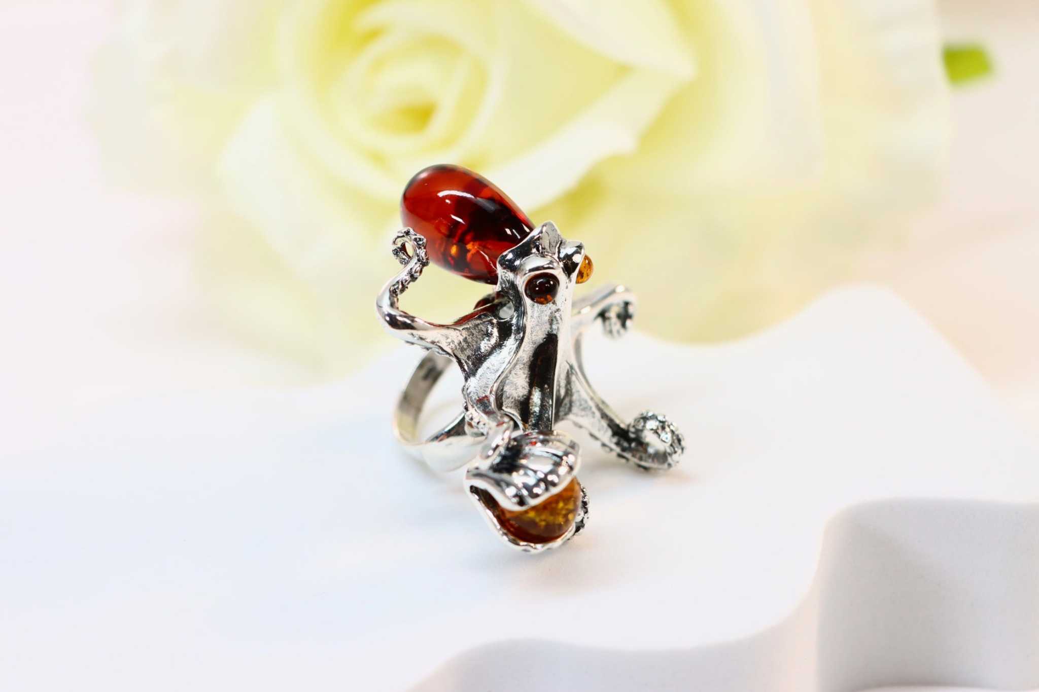 Natural Baltic Cherry Amber Octopus Adjustable Statement Ring in 925 Sterling Silver