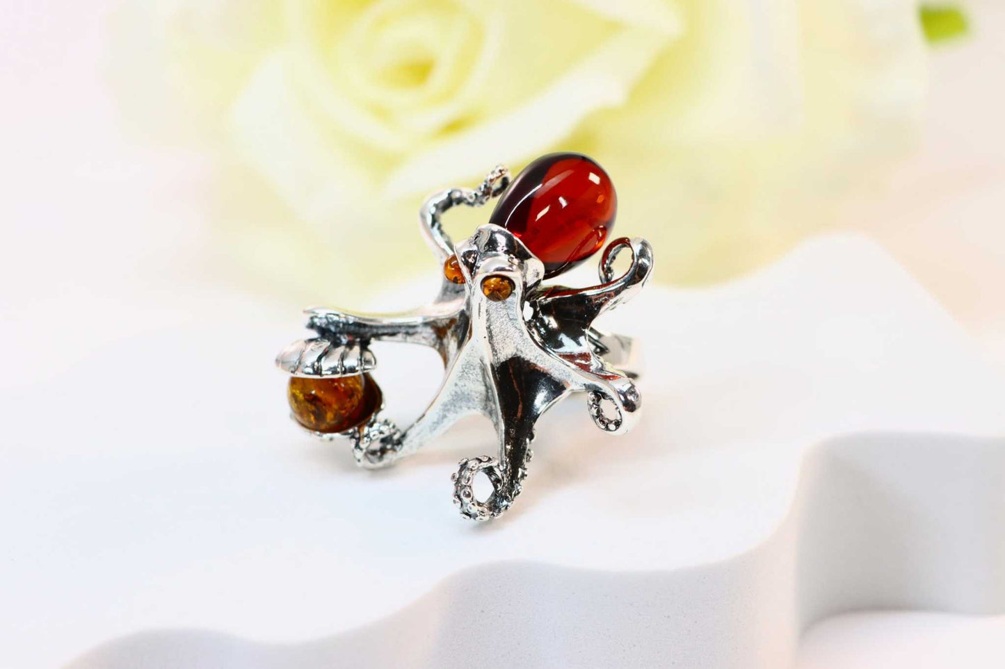 Natural Baltic Cherry Amber Octopus Adjustable Statement Ring in 925 Sterling Silver