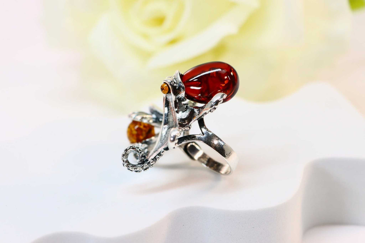 Natural Baltic Cherry Amber Octopus Adjustable Statement Ring in 925 Sterling Silver