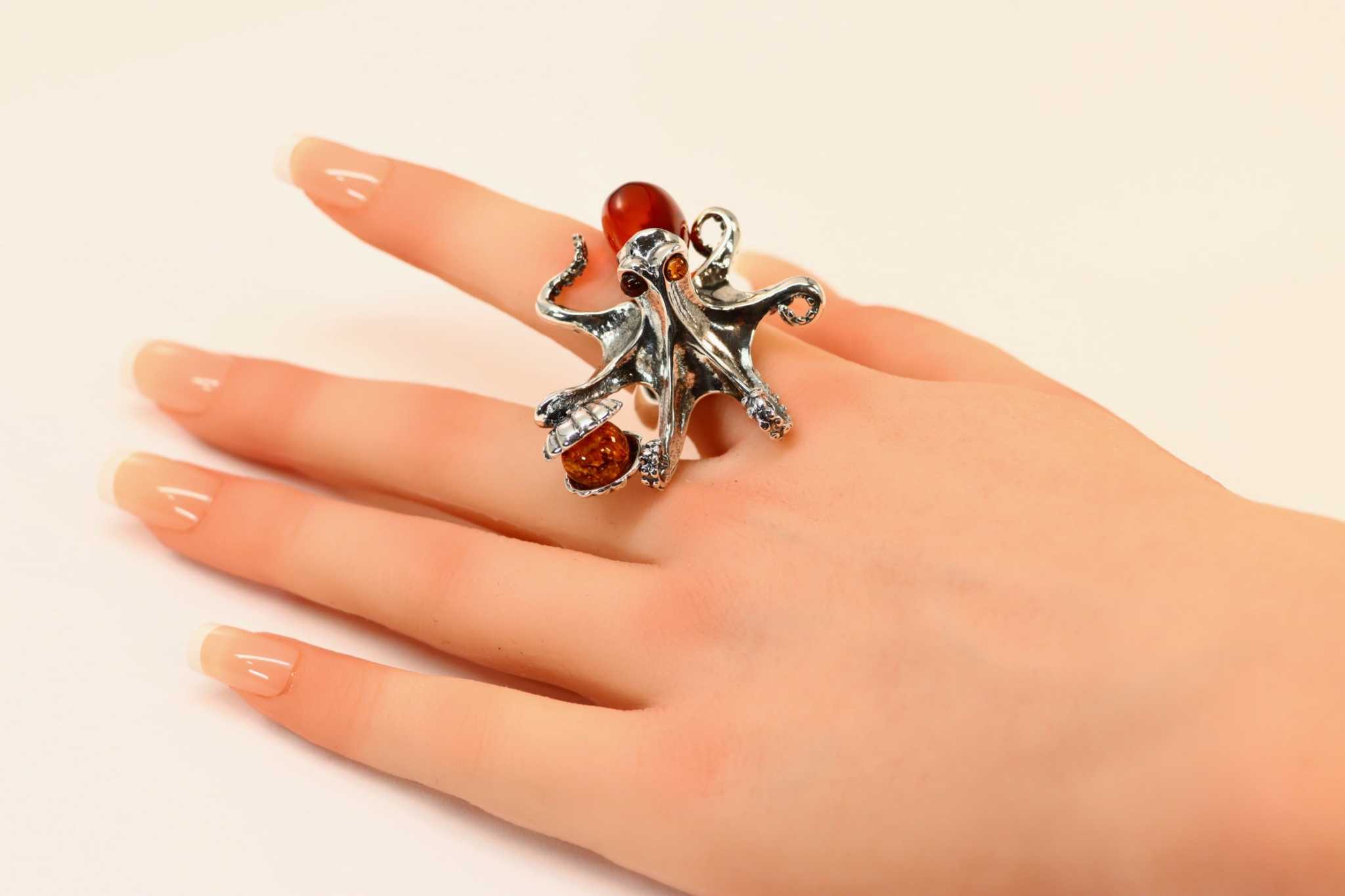 Natural Baltic Cherry Amber Octopus Adjustable Statement Ring in 925 Sterling Silver