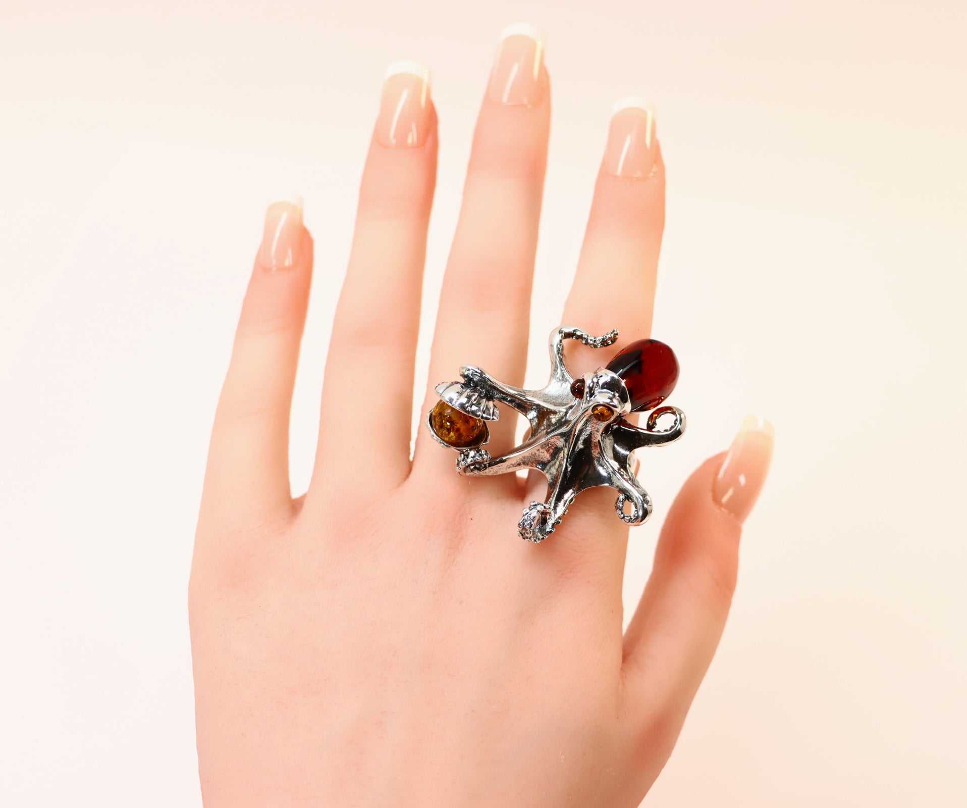 Natural Baltic Cherry Amber Octopus Adjustable Statement Ring in 925 Sterling Silver