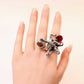 Natural Baltic Cherry Amber Octopus Adjustable Statement Ring in 925 Sterling Silver