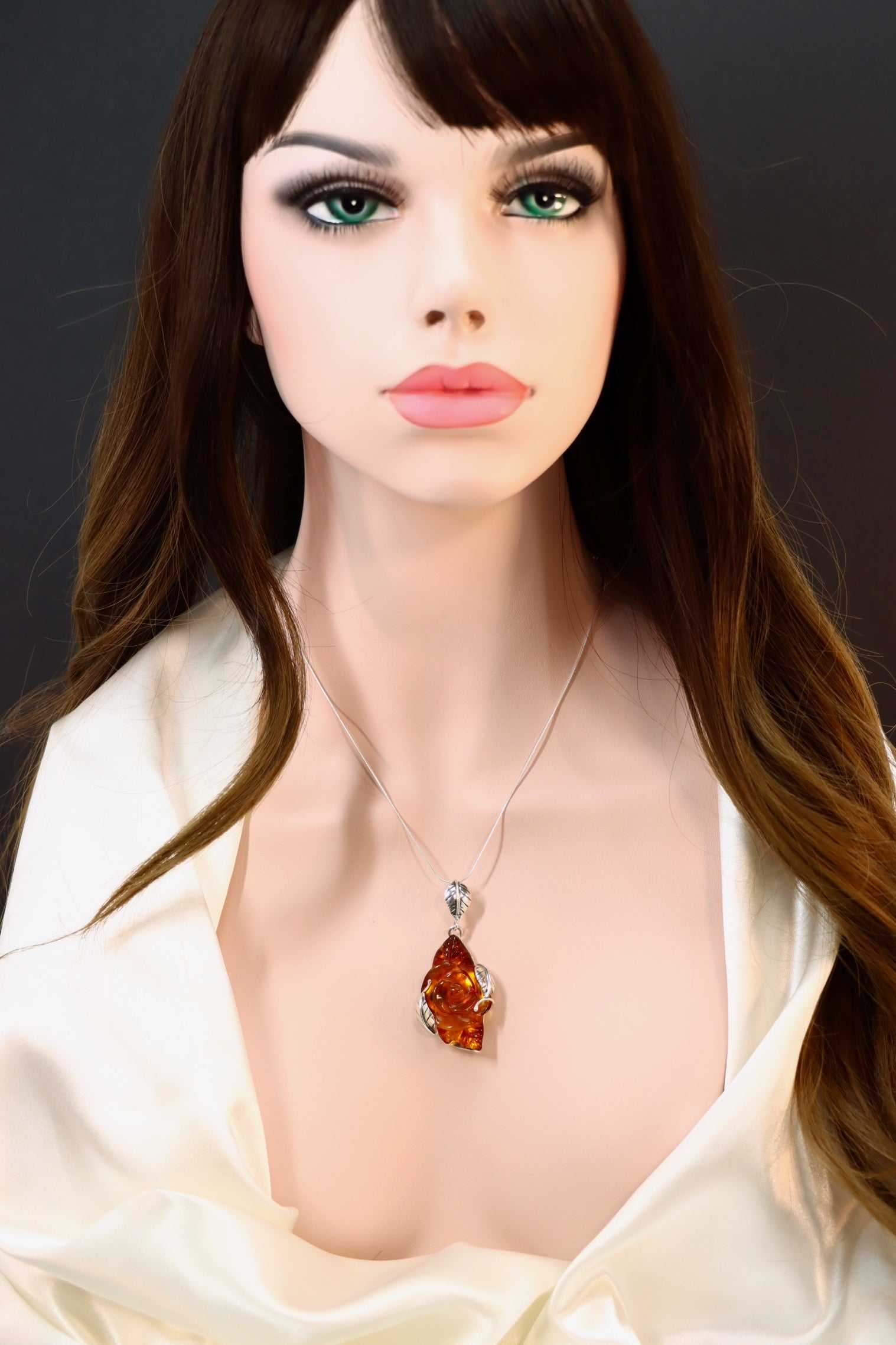 Natural Baltic Cognac Amber Hand-Carved Rose Pendant Necklace in 925 Sterling Silver