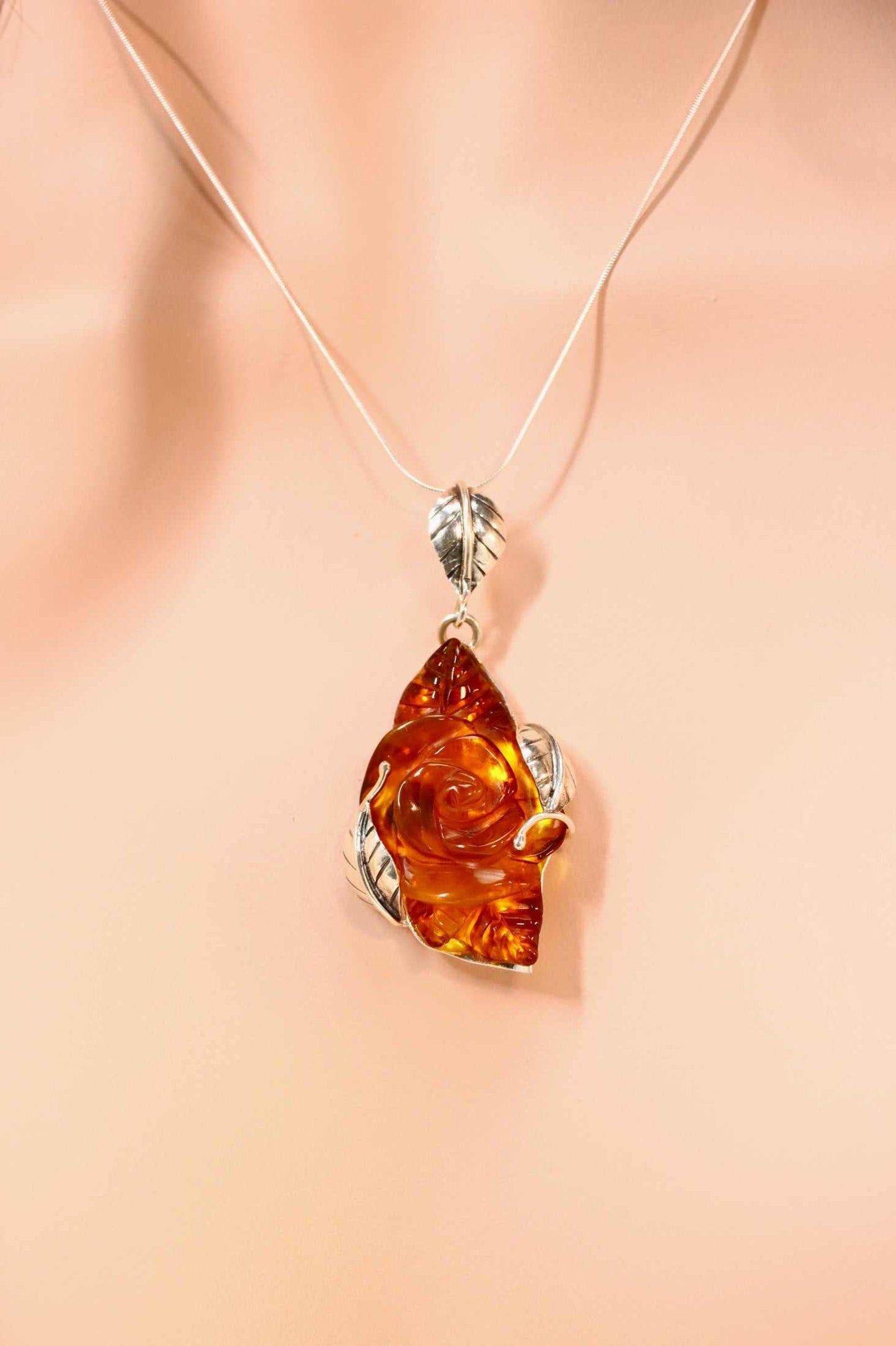 Natural Baltic Cognac Amber Hand-Carved Rose Pendant Necklace in 925 Sterling Silver