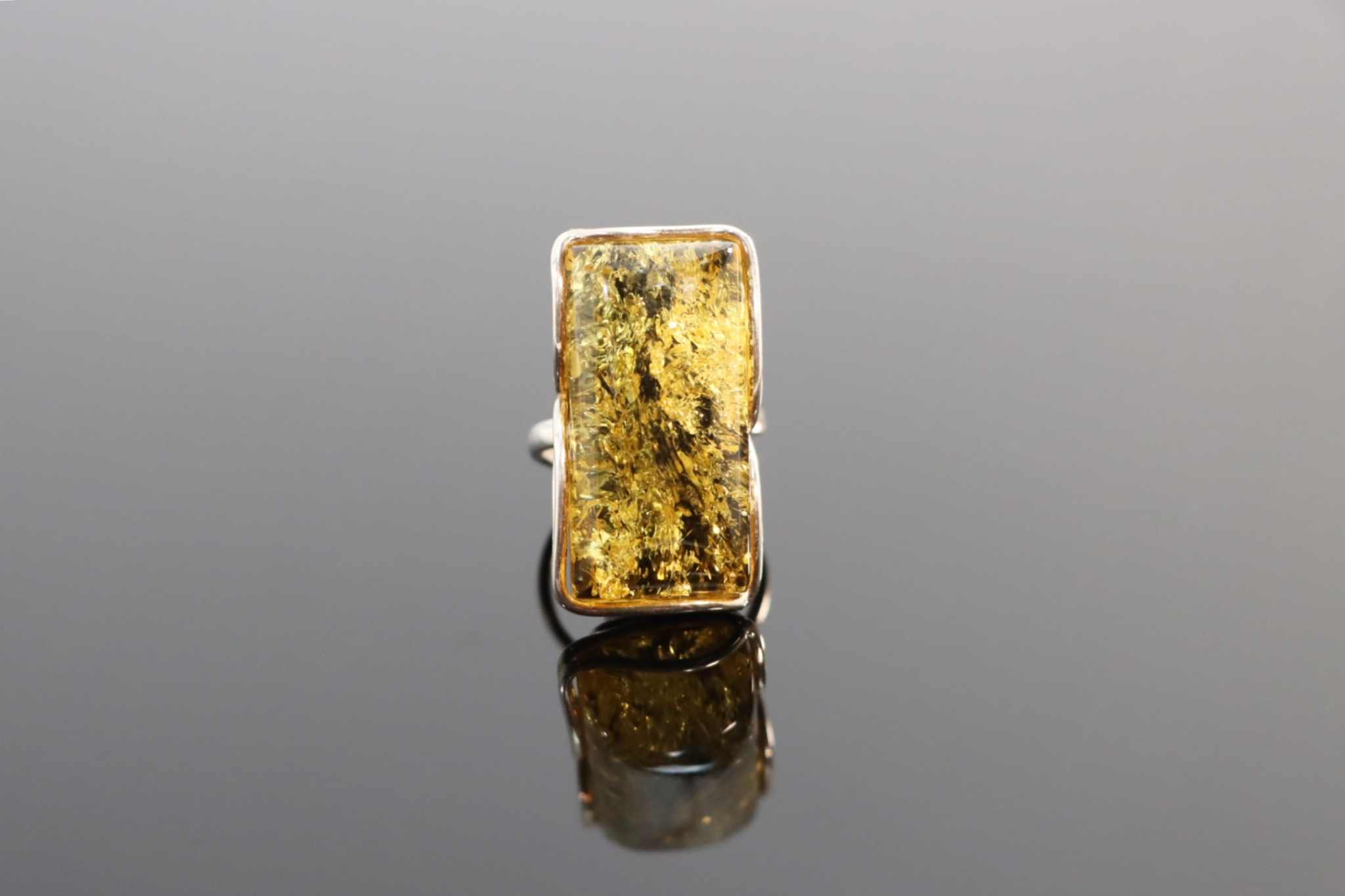 Natural Baltic Green Amber Rectangular Adjustable Statement Ring in 925 Sterling Silver