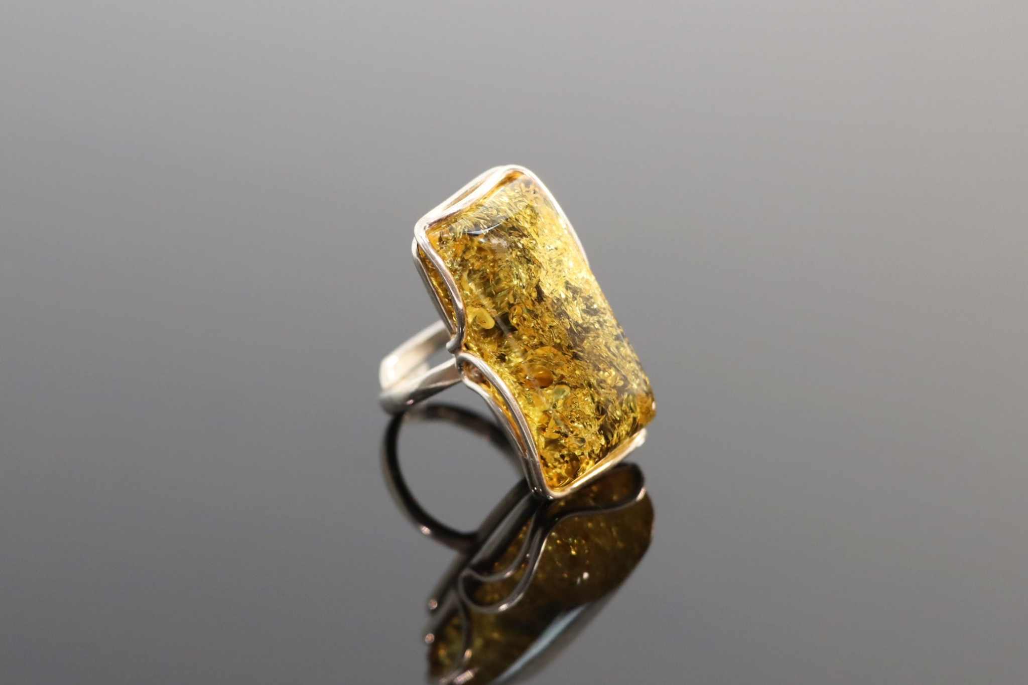 Natural Baltic Green Amber Rectangular Adjustable Statement Ring in 925 Sterling Silver