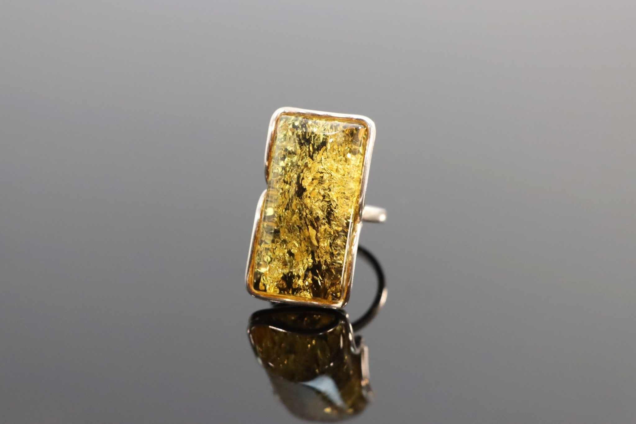 Natural Baltic Green Amber Rectangular Adjustable Statement Ring in 925 Sterling Silver