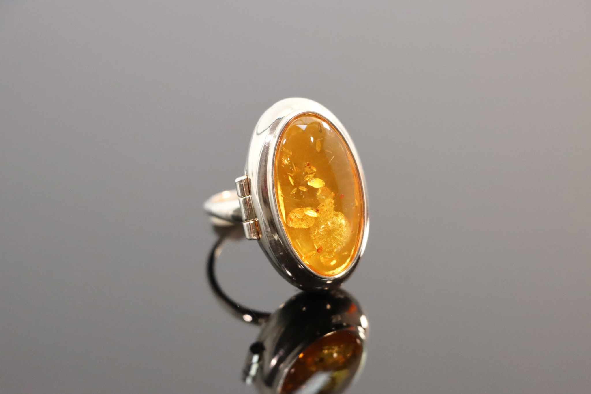 Natural Baltic Lemon Amber Adjustable Poison Ring in 925 Sterling Silver