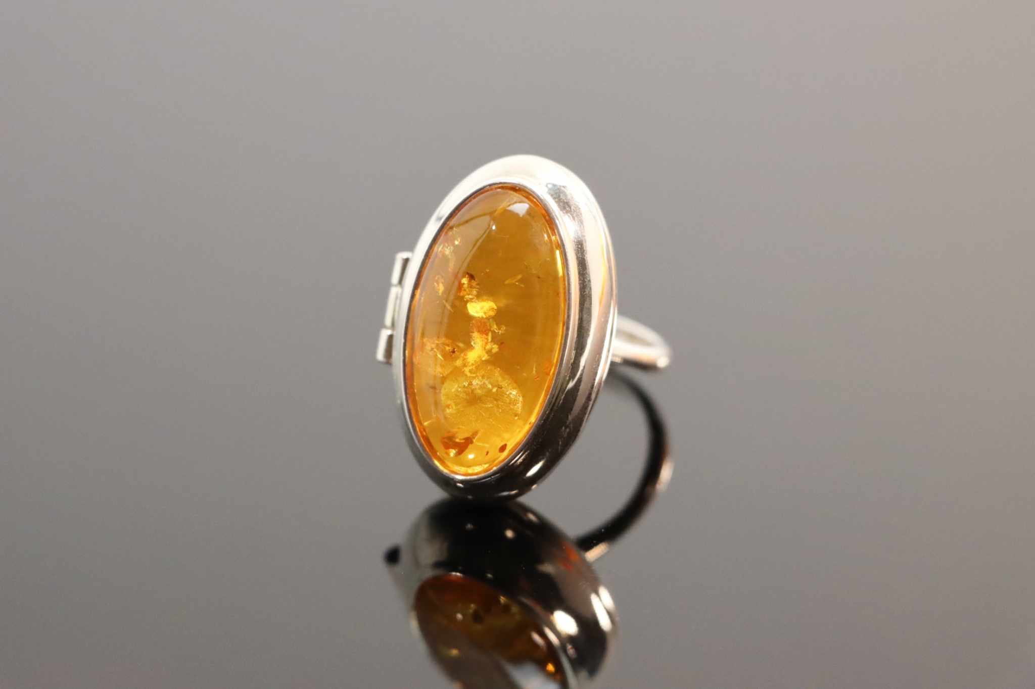 Natural Baltic Lemon Amber Adjustable Poison Ring in 925 Sterling Silver