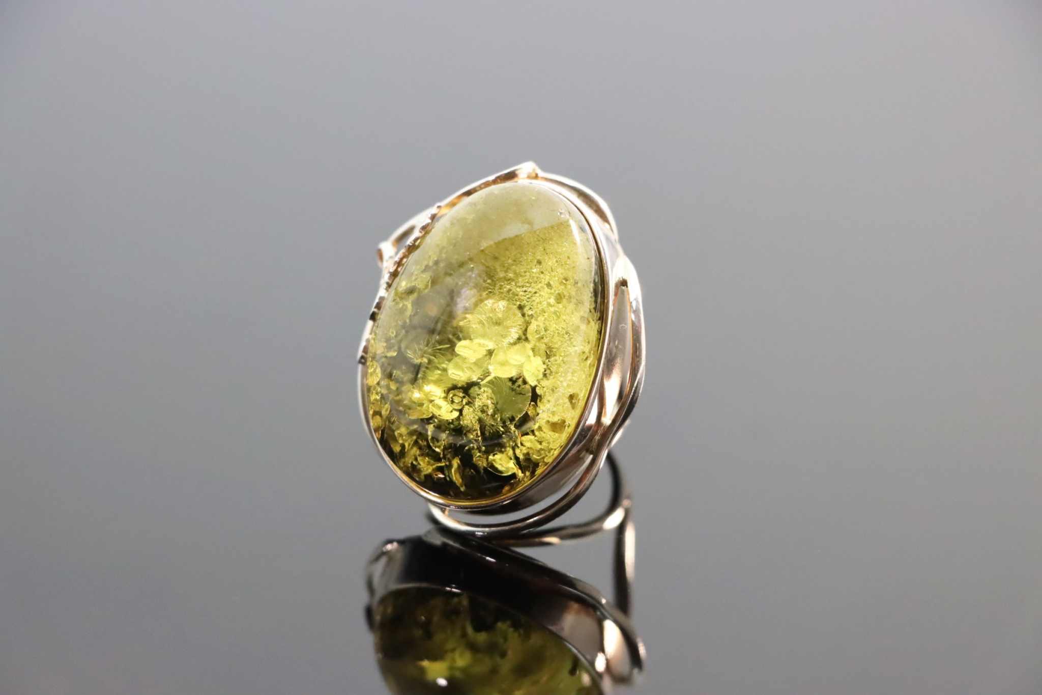 Natural Baltic Green Amber Floral Adjustable Ring in 925 Sterling Silver