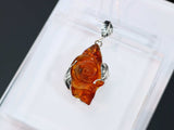 Natural Baltic Cognac Amber Hand-Carved Rose Pendant Necklace in 925 Sterling Silver