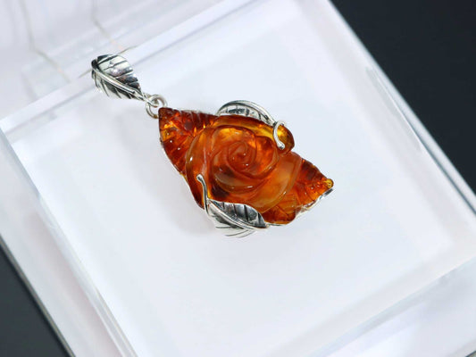 Natural Baltic Cognac Amber Hand-Carved Rose Pendant Necklace in 925 Sterling Silver