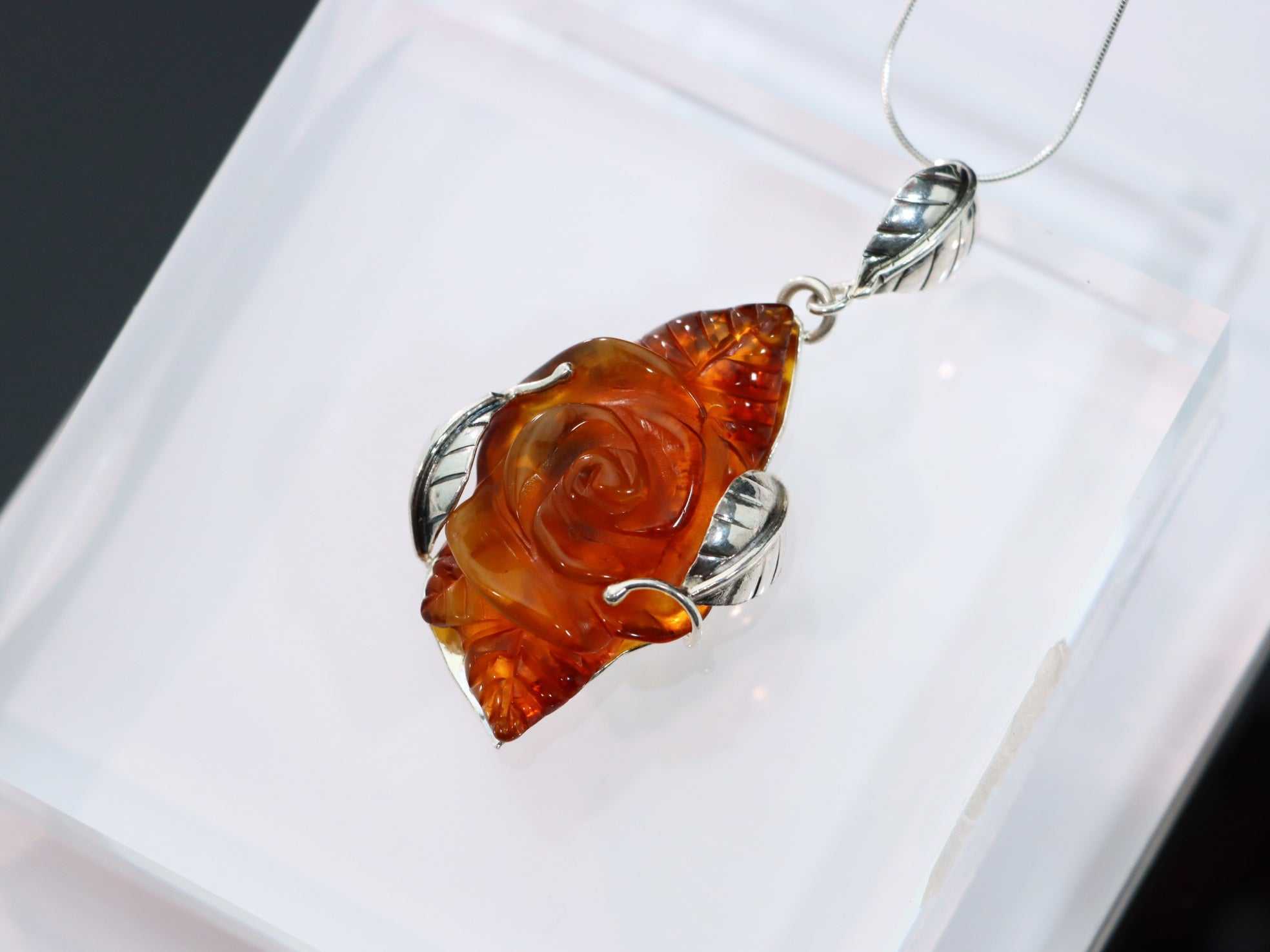 Natural Baltic Cognac Amber Hand-Carved Rose Pendant Necklace in 925 Sterling Silver