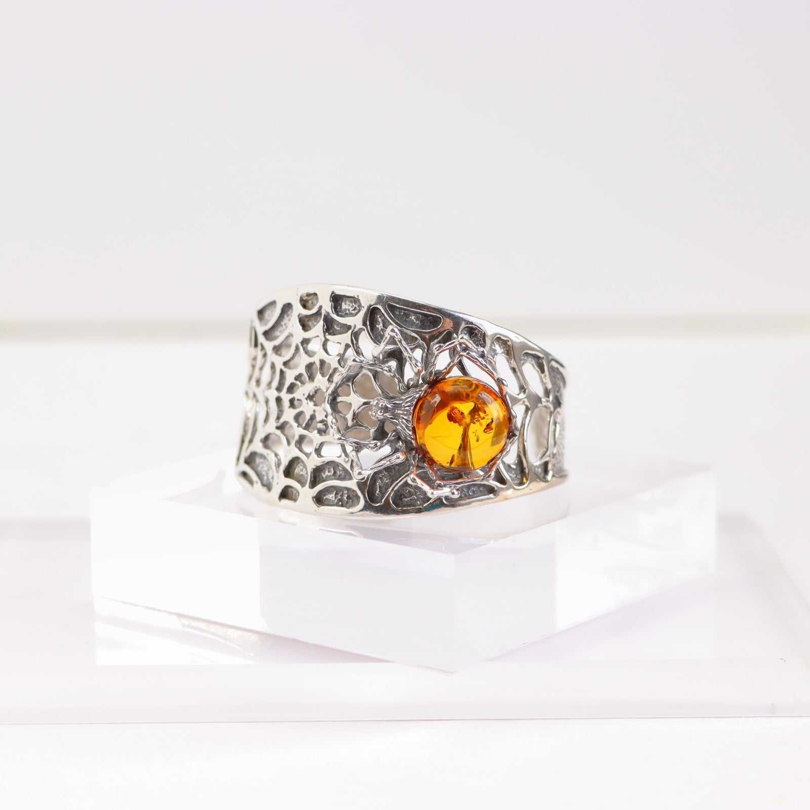 Natural Baltic Cognac Amber Brutalist Spider Cuff Bracelet in 925 Sterling Silver