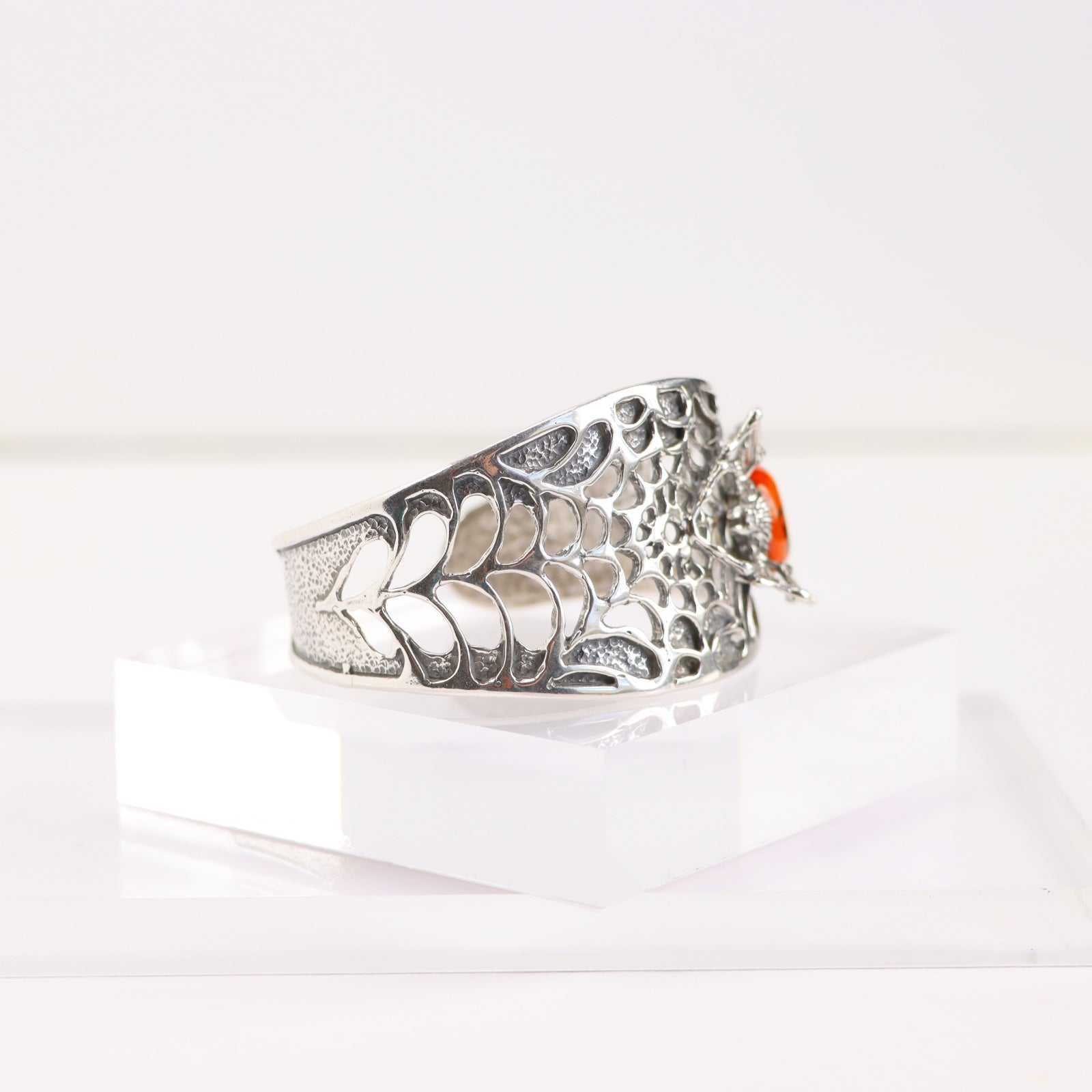 Natural Baltic Cognac Amber Brutalist Spider Cuff Bracelet in 925 Sterling Silver