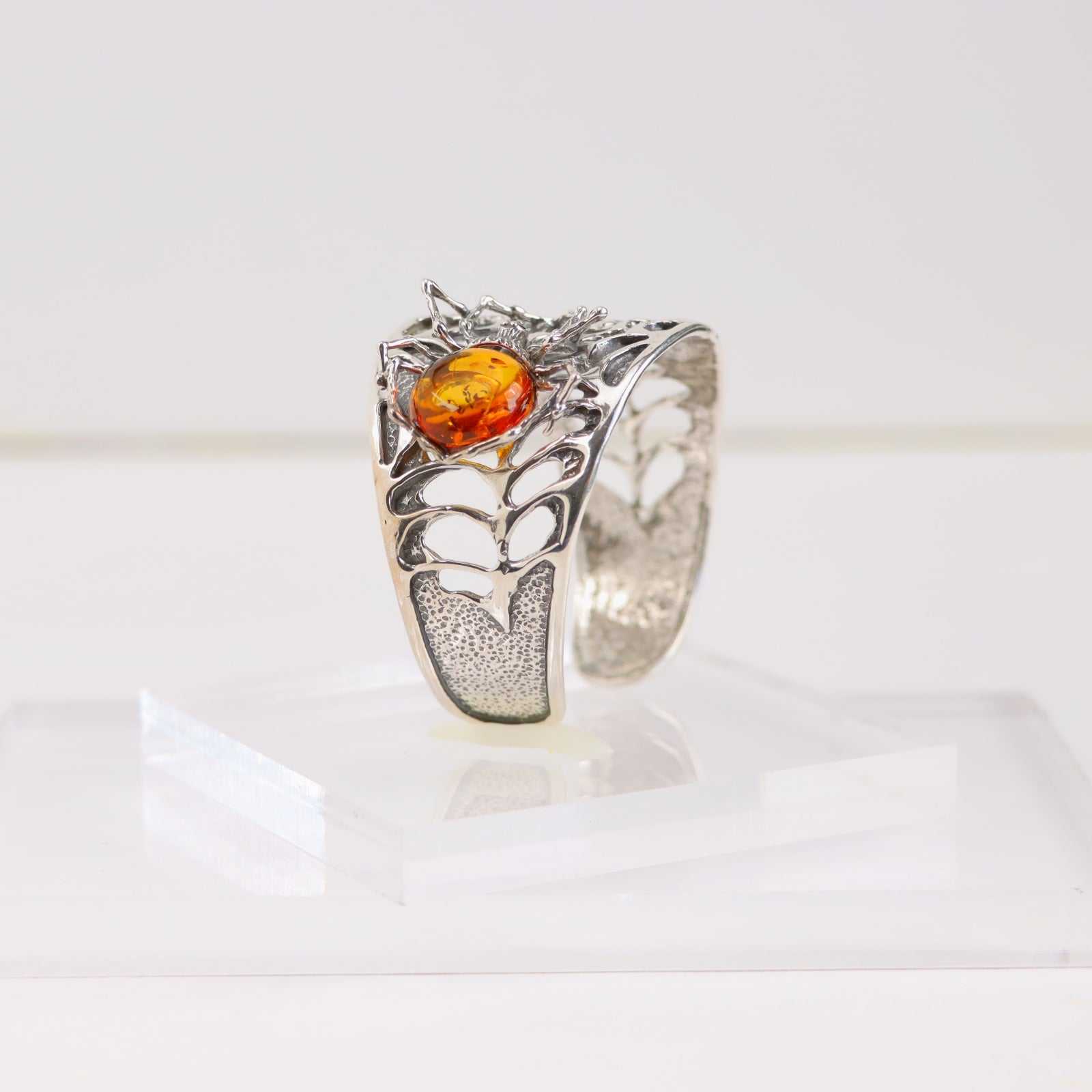 Natural Baltic Cognac Amber Brutalist Spider Cuff Bracelet in 925 Sterling Silver