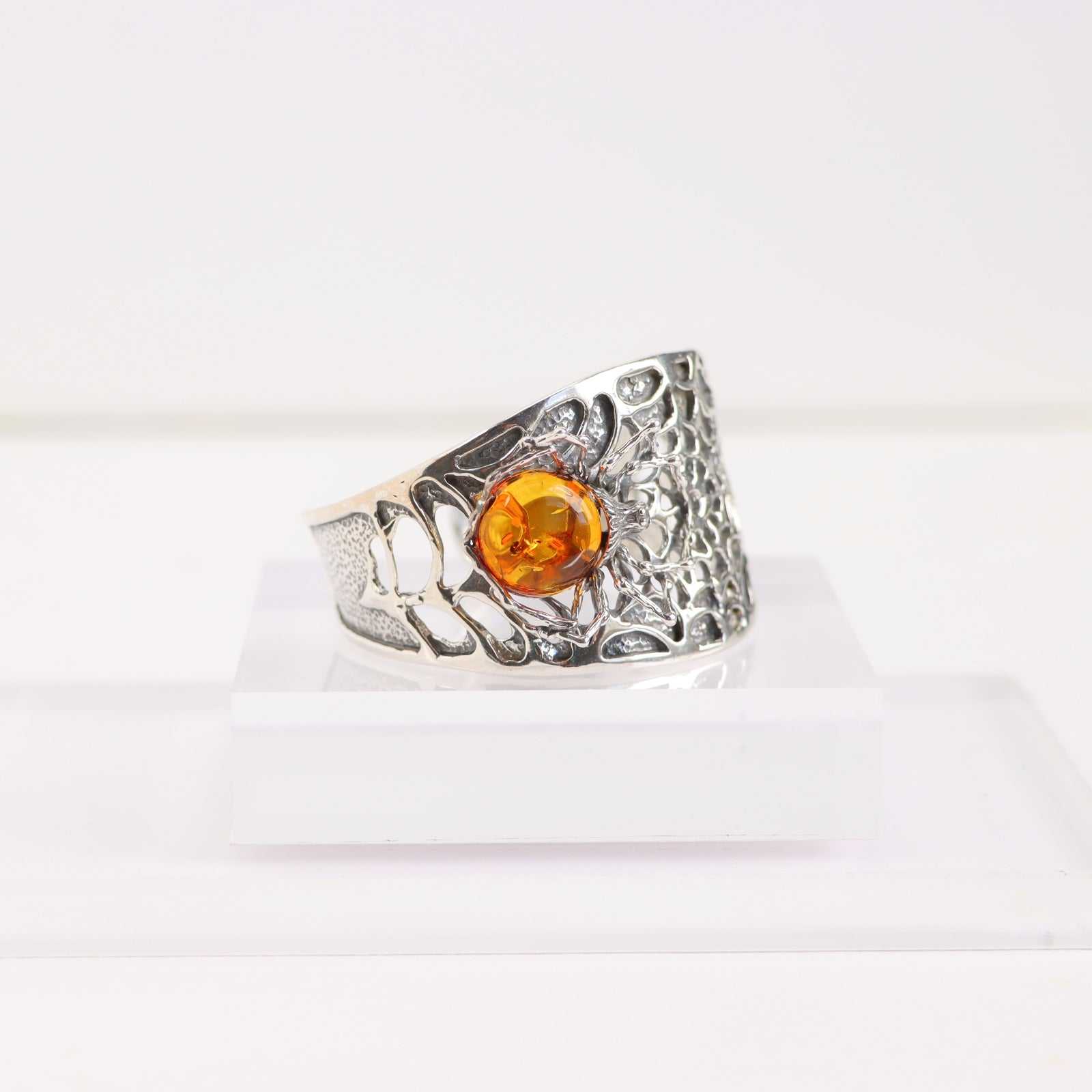 Natural Baltic Cognac Amber Brutalist Spider Cuff Bracelet in 925 Sterling Silver