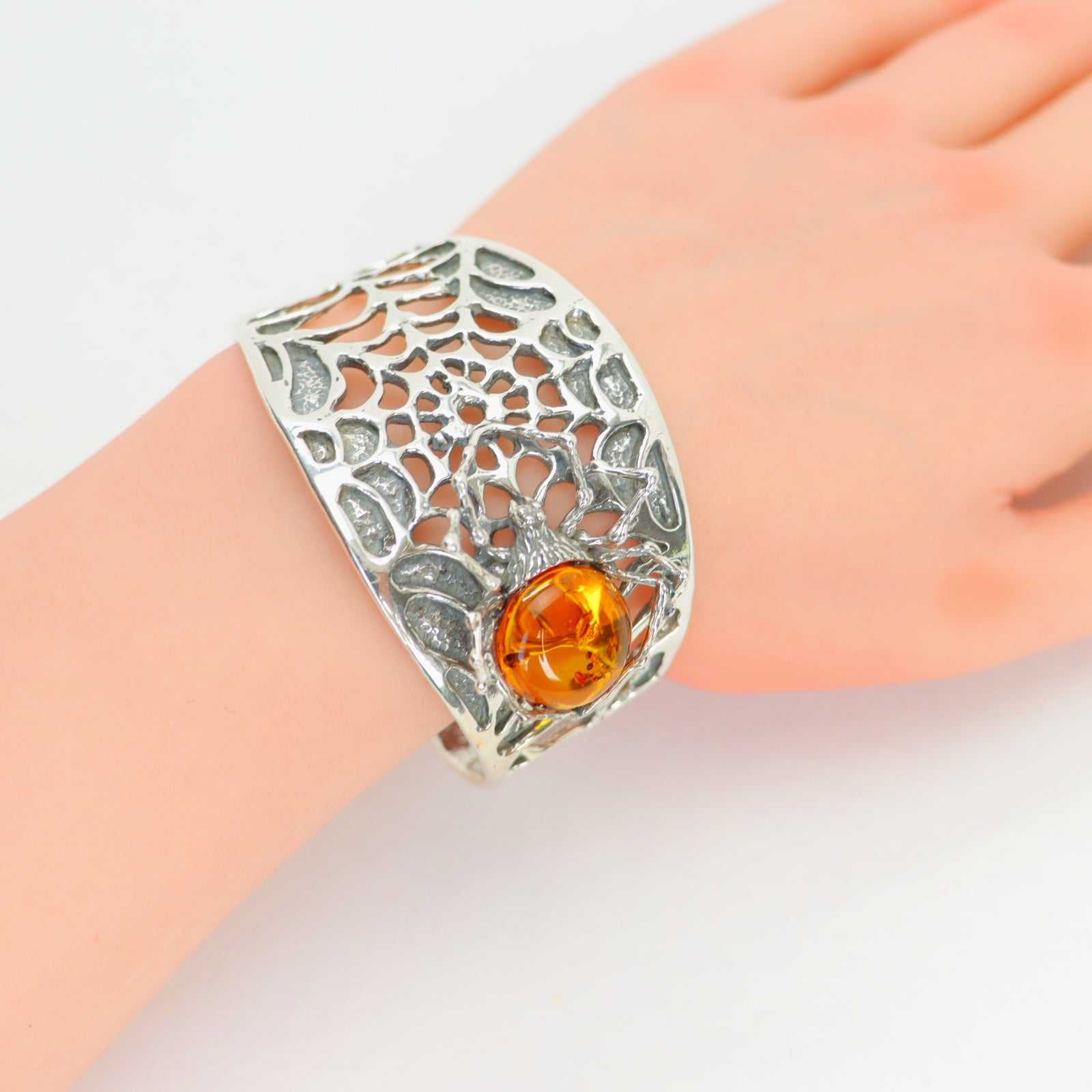 Natural Baltic Cognac Amber Brutalist Spider Cuff Bracelet in 925 Sterling Silver