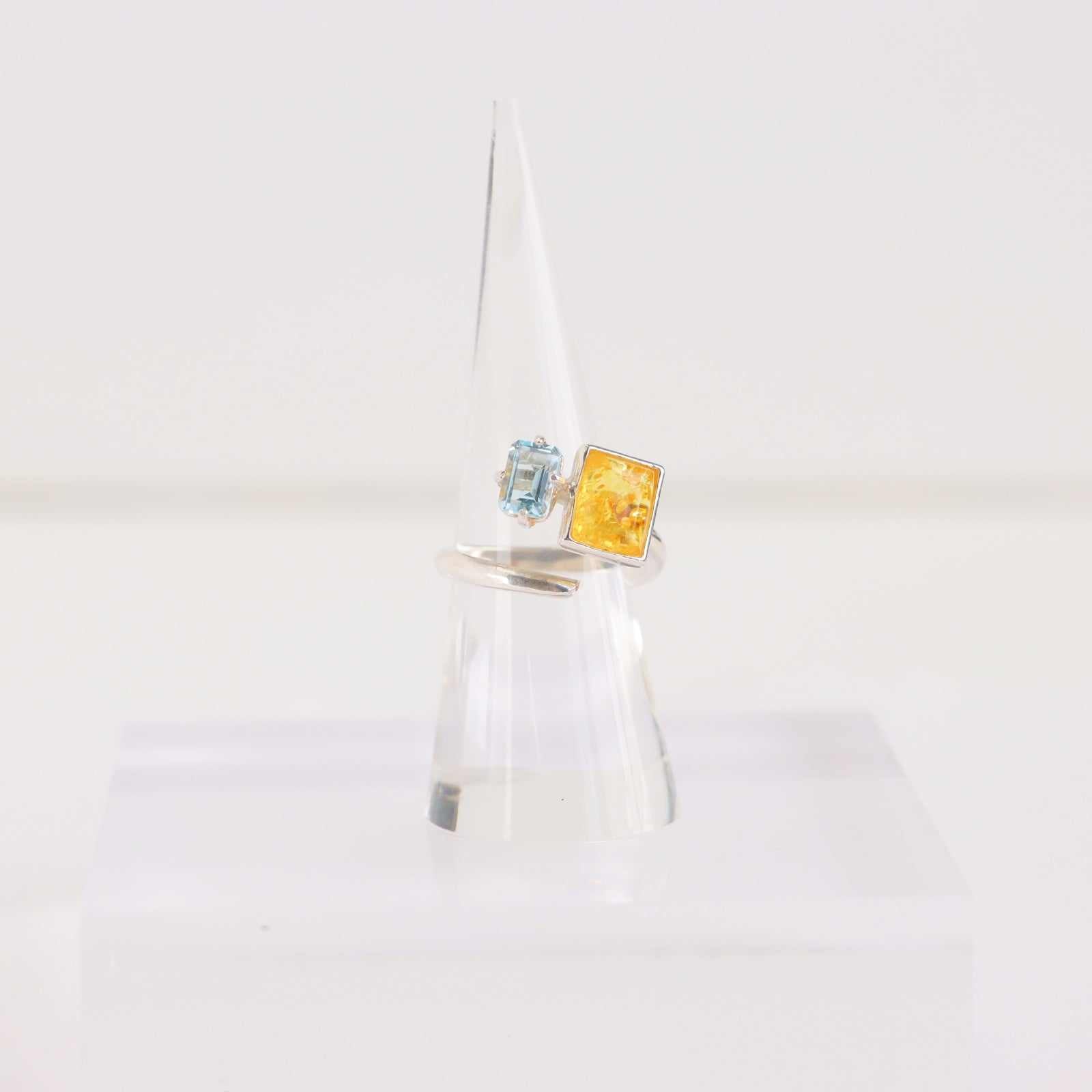 Natural Baltic Lemon Amber and Blue Topaz Adjustable Modern Ring