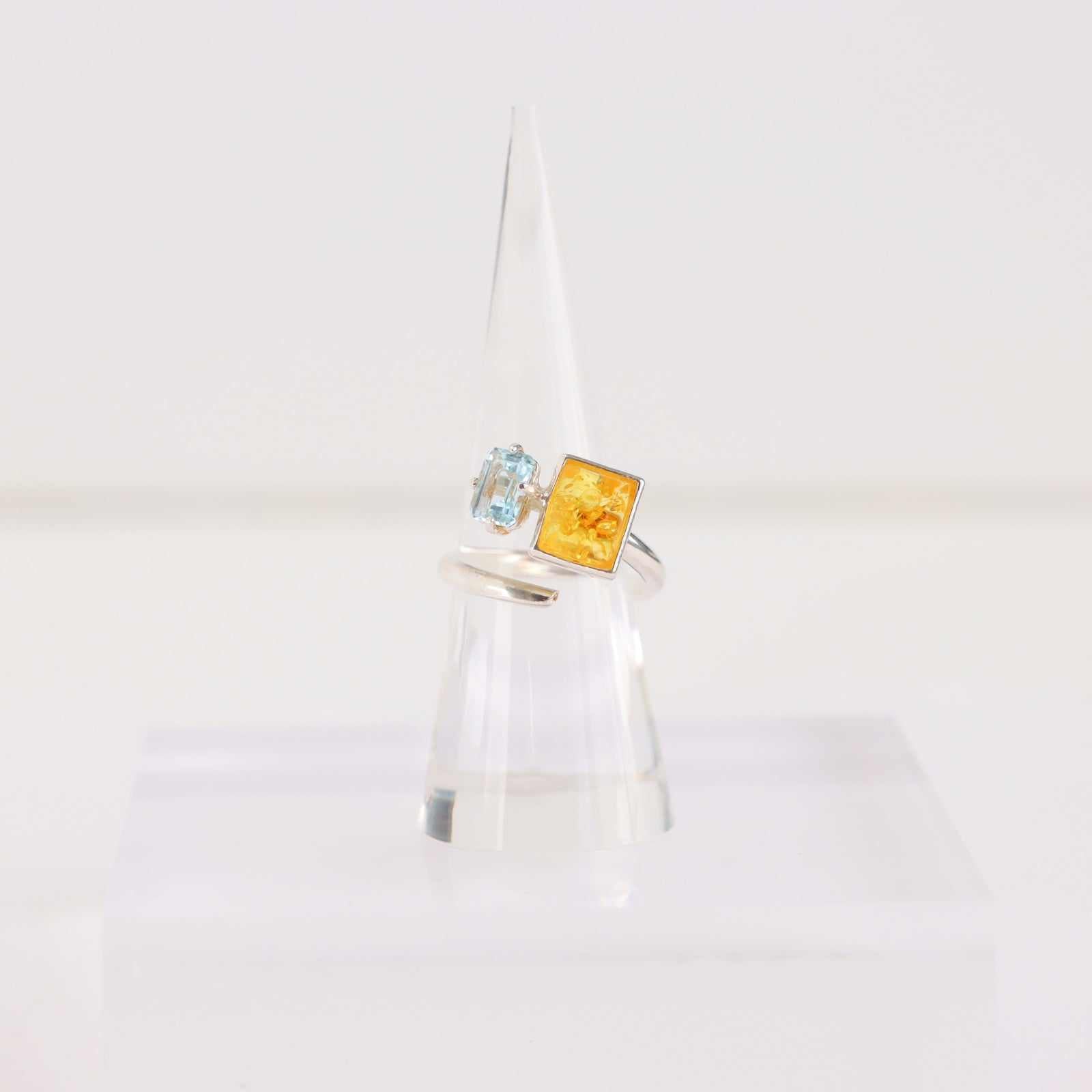 Natural Baltic Lemon Amber and Blue Topaz Adjustable Modern Ring