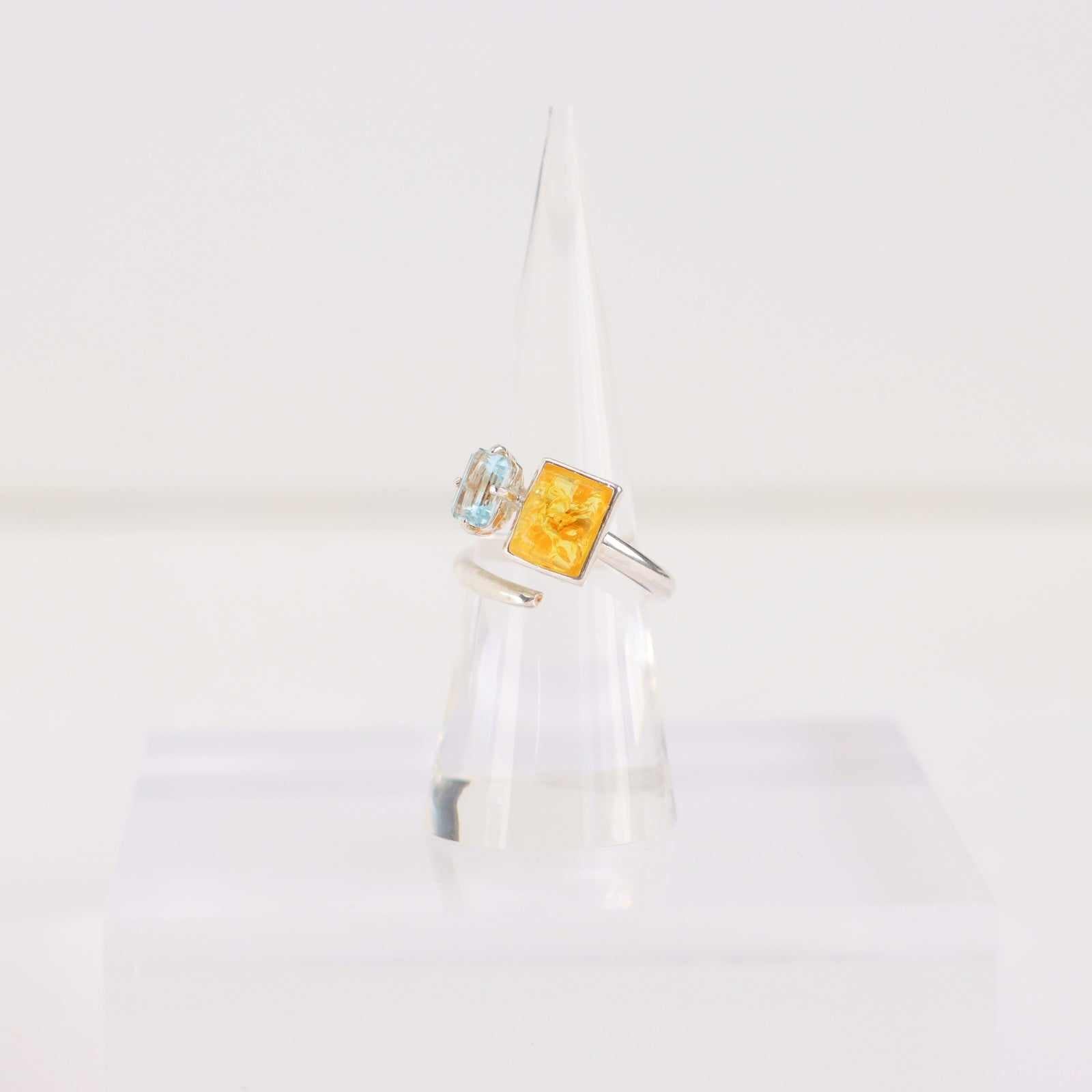 Natural Baltic Lemon Amber and Blue Topaz Adjustable Modern Ring