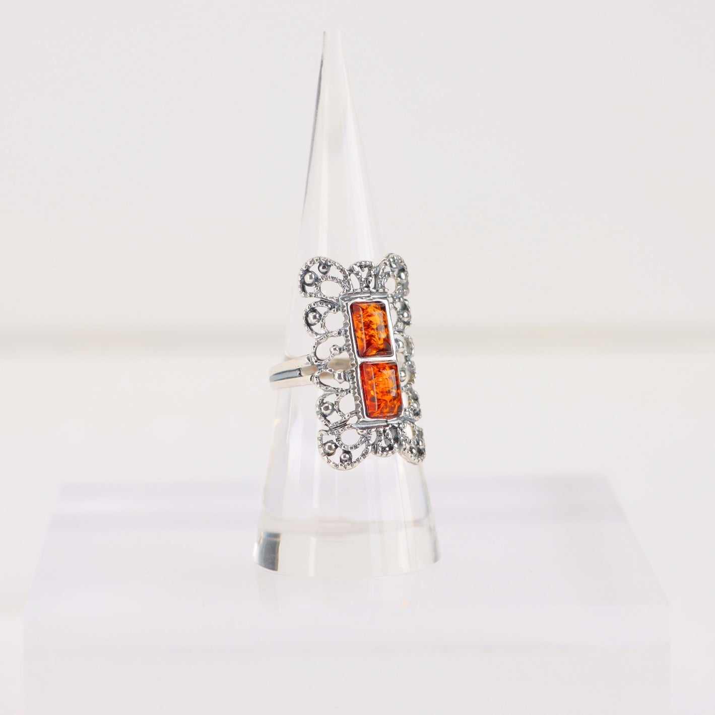 Natural Baltic Cognac Amber Boho Filigree Ring in 925 Sterling Silver