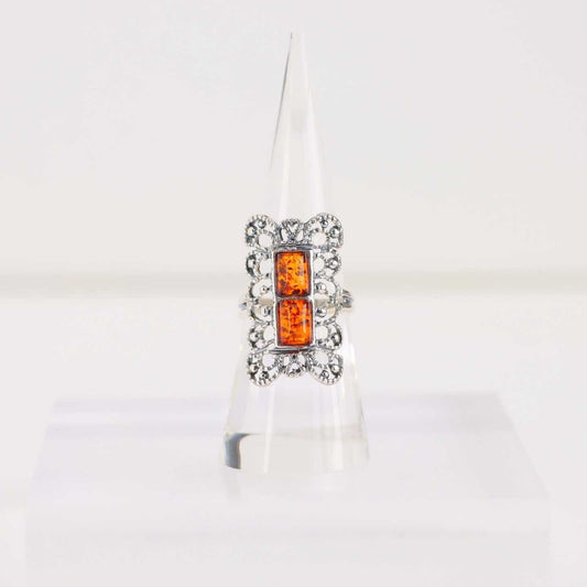 Natural Baltic Cognac Amber Boho Filigree Ring in 925 Sterling Silver