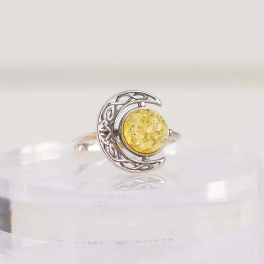 Natural Baltic Lemon Amber Celestial Moon Ring in 925 Sterling Silver