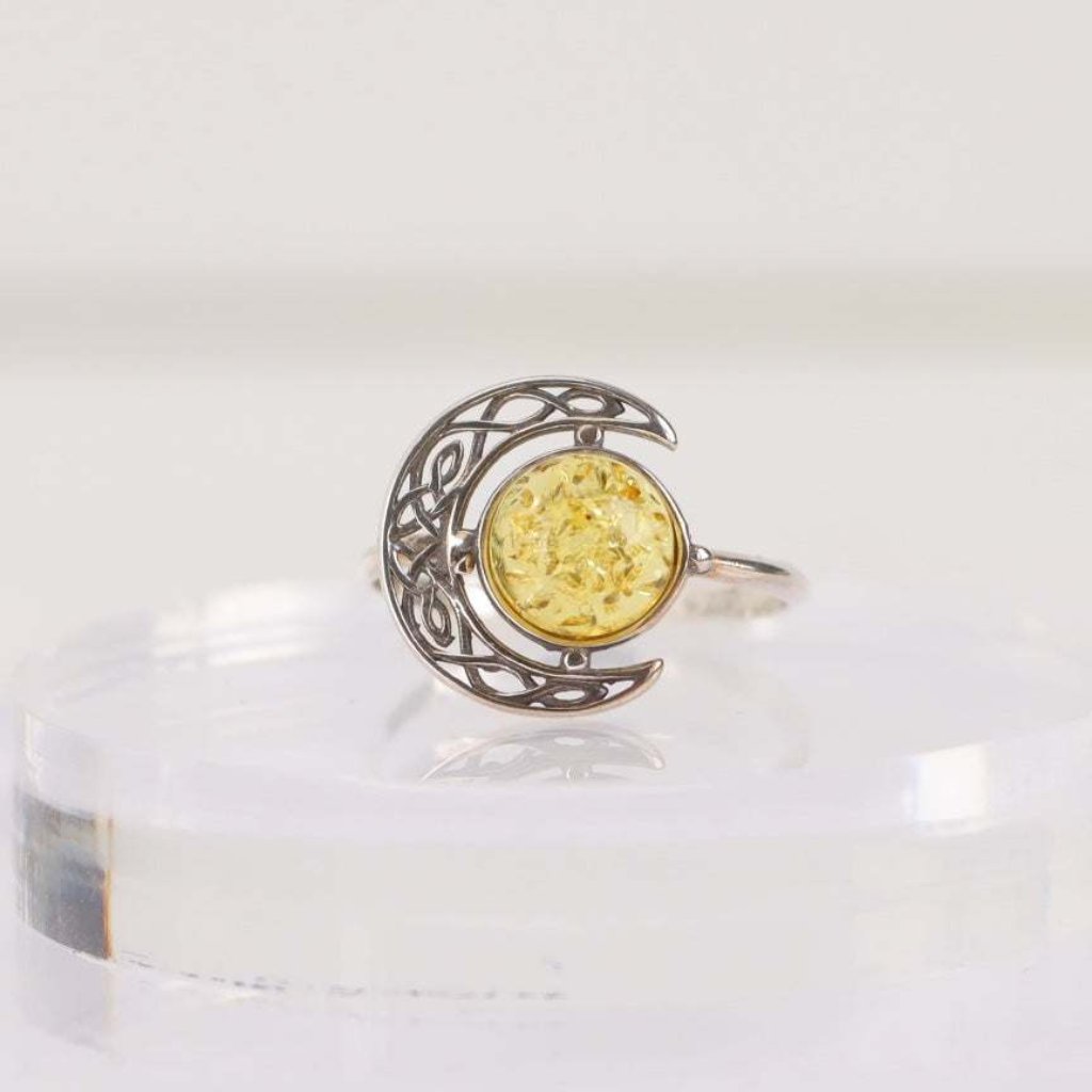 Natural Baltic Lemon Amber Celestial Moon Ring in 925 Sterling Silver