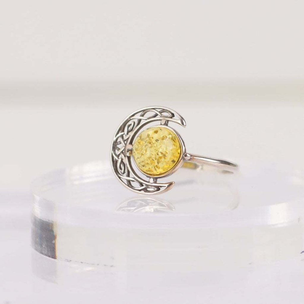 Natural Baltic Lemon Amber Celestial Moon Ring in 925 Sterling Silver