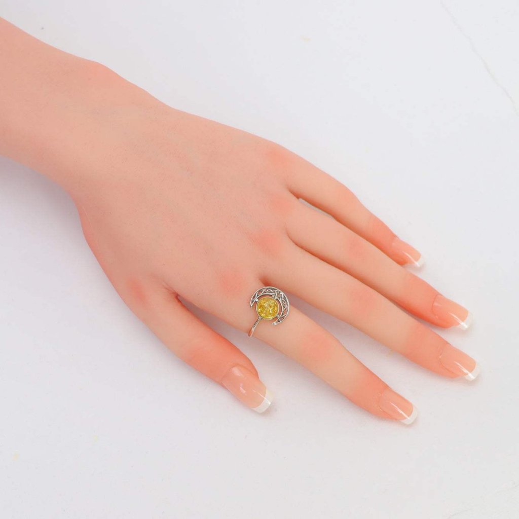 Natural Baltic Lemon Amber Celestial Moon Ring in 925 Sterling Silver