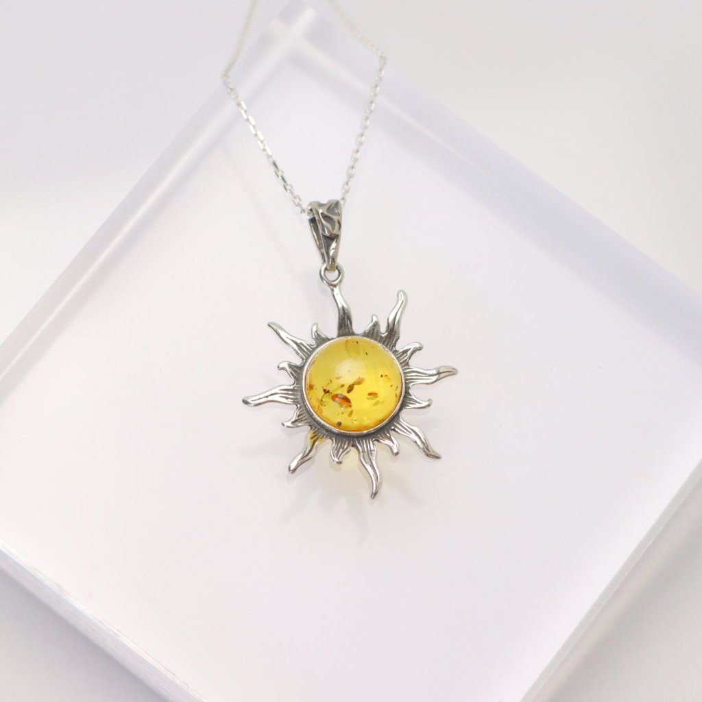 Natural Baltic Lemon Amber Celestial Sun Pendant Necklace